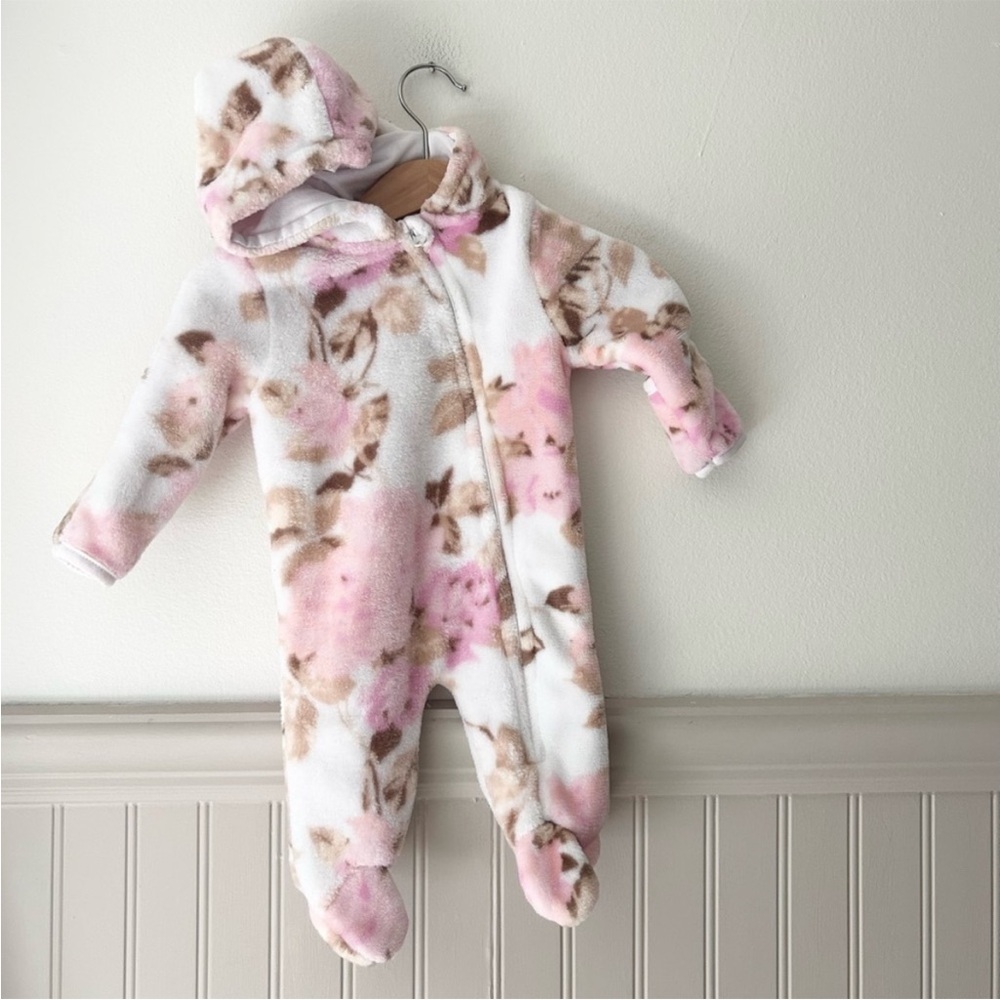 Laura Ashley 0-3 Months Cozy Pink and Brown Floral Footie Coverall
